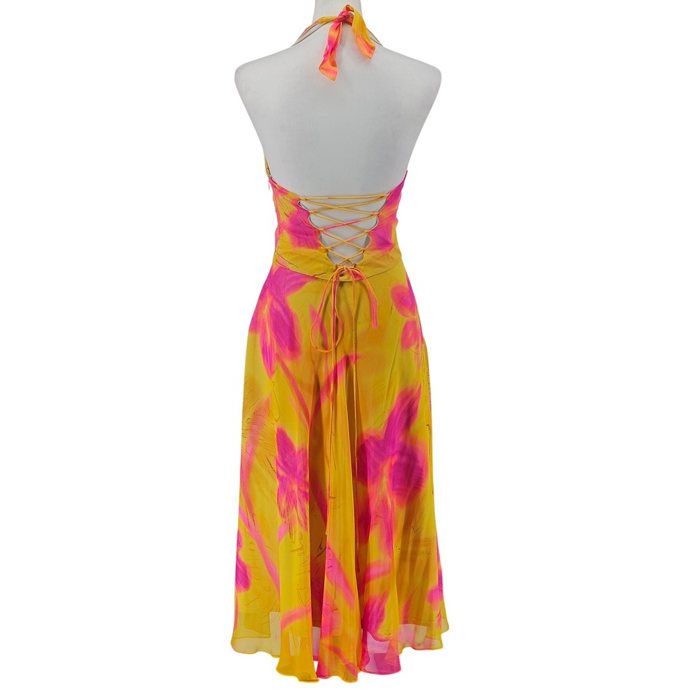 Cache Vintage Y2K Silk Midi Dress 6 Halter Empire Yellow & Pink Corset Back - Picture 2 of 15
